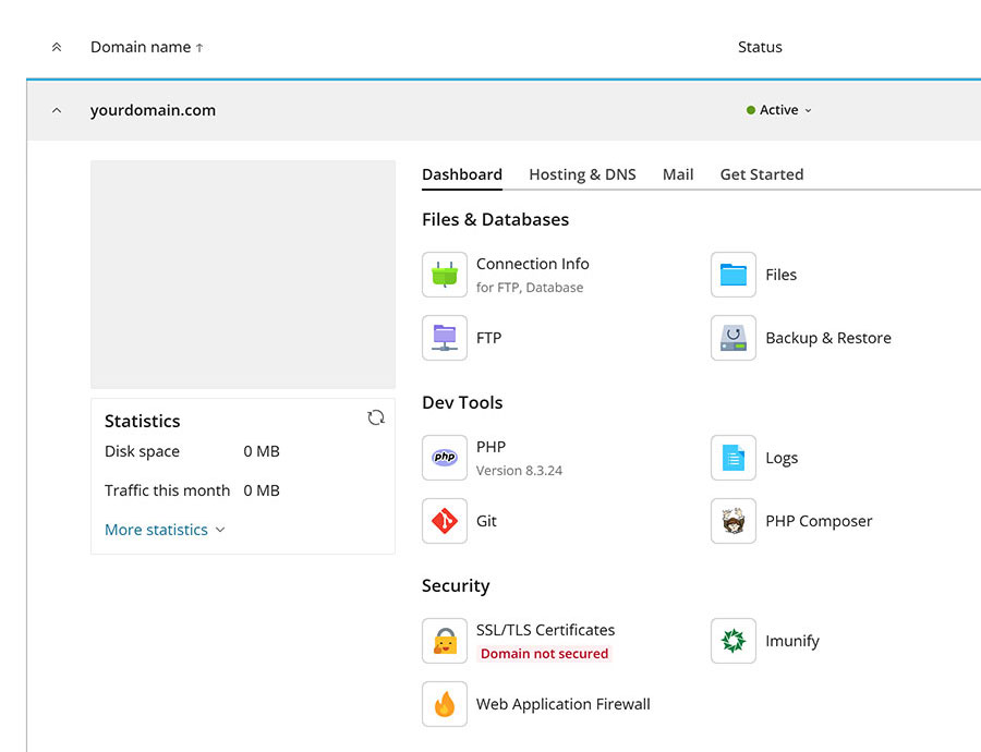 เมนู SSL/TLS Certificates ในแถบเมนู Dashboard และหัวข้อ Security