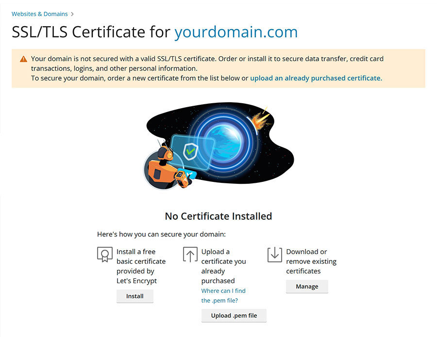 คลิกปุ่ม Install ในหัวข้อ Install a free basic certificate provided by Let's Encrypt