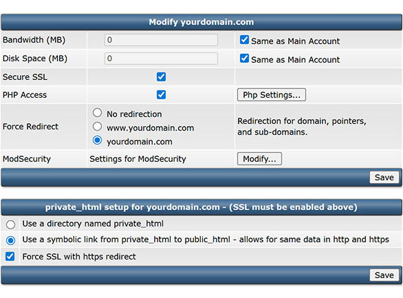 เลือก Force SSL with https redirect เพื่อตั้งค่าการทำ 301 Redirect ใน DirectAdmin